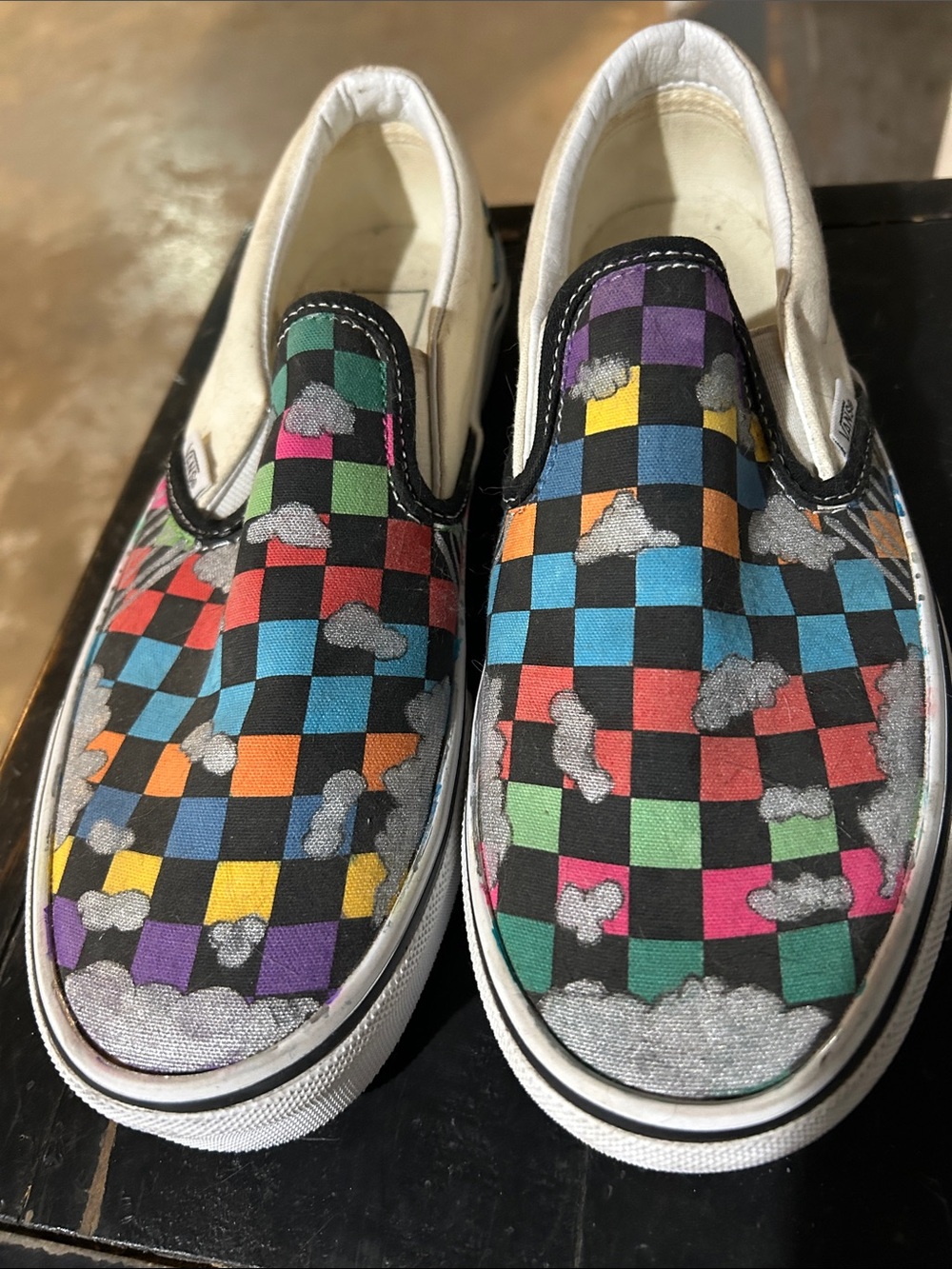 Vans Kids Slip-On Checkerboard with Rainbow Squares & Silver Clouds